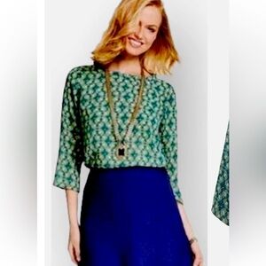 Cabi green Jade Leaf # 3069 green & ivory blouse small 3/4 sleeve polyester EUC